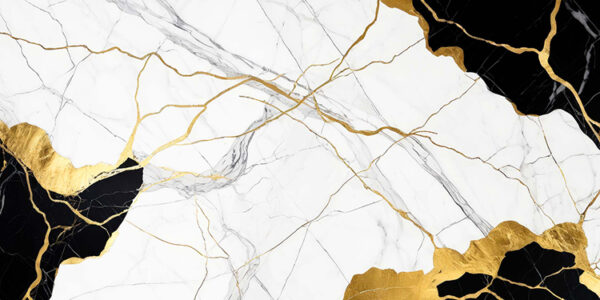 A striking marble pattern featuring a mix of white, black, and gold hues. The design showcases smooth white marble interspersed with bold black sections and intricate gold veining, creating a luxurious and modern aesthetic. The contrast between the colors and textures adds depth and sophistication to the overall appearance.