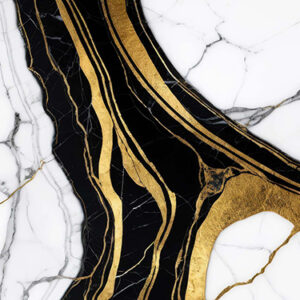 A striking marble pattern featuring a mix of white, black, and gold hues. The design showcases smooth white marble interspersed with bold black sections and intricate gold veining, creating a luxurious and modern aesthetic. The contrast between the colors and textures adds depth and sophistication to the overall appearance.