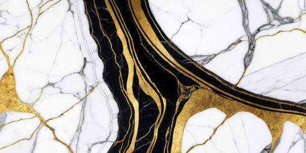 A striking marble pattern featuring a mix of white, black, and gold hues. The design showcases smooth white marble interspersed with bold black sections and intricate gold veining, creating a luxurious and modern aesthetic. The contrast between the colors and textures adds depth and sophistication to the overall appearance.