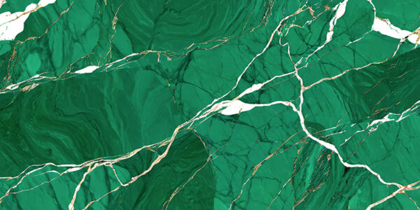 abstract background with a green and white marble texture. The marble has a glossy finish and appears to be polished to a shiny surface. The color of the marble is a deep, vibrant green with hints of white and gold. The texture is rough and uneven, with some areas appearing darker and others lighter. There are also a few thin, white lines that run diagonally across the image, creating a sense of depth and dimension. The overall effect is one of luxury and sophistication.