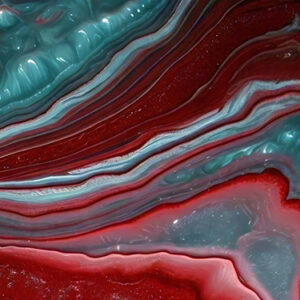 abstract painting with a marbled texture. The background is a deep red color with wavy lines that create a wave-like pattern. The lines are different shades of red, blue, and white, creating a gradient effect. The colors blend together in a way that creates a sense of depth and dimension. The overall effect is one of fluidity and movement. The painting has a dreamy and ethereal quality to it.