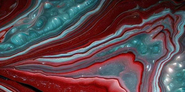 abstract painting with a marbled texture. The background is a deep red color with wavy lines that create a wave-like pattern. The lines are different shades of red, blue, and white, creating a gradient effect. The colors blend together in a way that creates a sense of depth and dimension. The overall effect is one of fluidity and movement. The painting has a dreamy and ethereal quality to it.