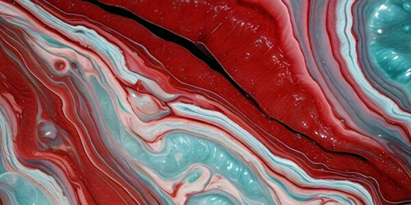 abstract painting with a marbled texture. The background is a deep red color with wavy lines that create a wave-like pattern. The lines are different shades of red, blue, and white, creating a gradient effect. The colors blend together in a way that creates a sense of depth and dimension. The overall effect is one of fluidity and movement. The painting has a dreamy and ethereal quality to it.