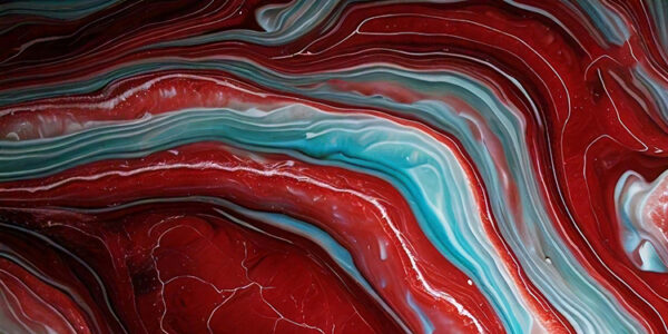 abstract painting with a marbled texture. The background is a deep red color with wavy lines that create a wave-like pattern. The lines are different shades of red, blue, and white, creating a gradient effect. The colors blend together in a way that creates a sense of depth and dimension. The overall effect is one of fluidity and movement. The painting has a dreamy and ethereal quality to it.