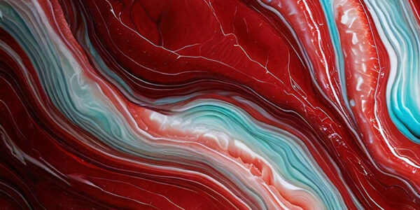 abstract painting with a marbled texture. The background is a deep red color with wavy lines that create a wave-like pattern. The lines are different shades of red, blue, and white, creating a gradient effect. The colors blend together in a way that creates a sense of depth and dimension. The overall effect is one of fluidity and movement. The painting has a dreamy and ethereal quality to it.