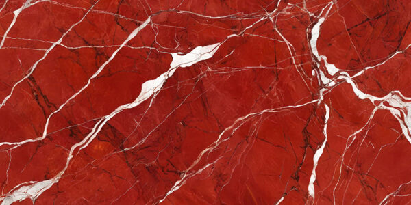 The image is an abstract background with a red and white marble texture. The marble has a deep red color with white veins running through it, creating a wave-like pattern. The veins appear to be jagged and uneven, with some areas appearing darker and others lighter. The texture of the marble is rough and uneven. The overall effect is one of depth and dimension.