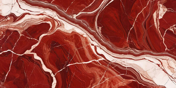 The image is an abstract background with a red and white marble texture. The marble has a deep red color with white veins running through it, creating a wave-like pattern. The veins appear to be jagged and uneven, with some areas appearing darker and others lighter. The texture of the marble is rough and uneven. The overall effect is one of depth and dimension.