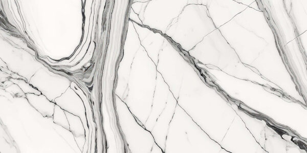 The image is a black and white marble texture background. The marble has a smooth and glossy surface with deep veins running through it. The veins are irregularly shaped and vary in size and shape, creating a sense of depth and dimension. The colors of the marble are predominantly white, with some hints of gray and black. The overall effect is a striking contrast between the two colors.