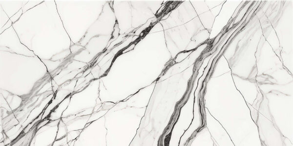 The image is a black and white marble texture background. The marble has a smooth and glossy surface with deep veins running through it. The veins are irregularly shaped and vary in size and shape, creating a sense of depth and dimension. The colors of the marble are predominantly white, with some hints of gray and black. The overall effect is a striking contrast between the two colors.