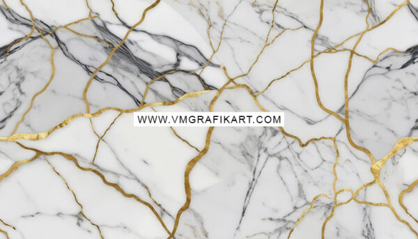 A luxurious marble texture featuring a white and gray marble background interspersed with elegant, shimmering gold veining. The design highlights a blend of intricate patterns and smooth surfaces, creating a sophisticated aesthetic suitable for high-end decor. The watermark of www.vmgrafikart.com is prominently displayed across the center.