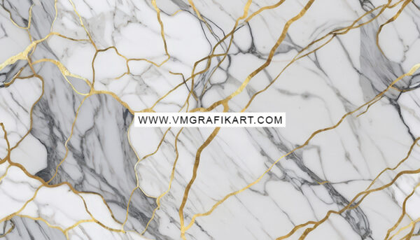A luxurious marble texture featuring a white and gray marble background interspersed with elegant, shimmering gold veining. The design highlights a blend of intricate patterns and smooth surfaces, creating a sophisticated aesthetic suitable for high-end decor. The watermark of www.vmgrafikart.com is prominently displayed across the center.