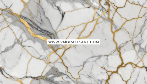 A luxurious marble texture featuring a white and gray marble background interspersed with elegant, shimmering gold veining. The design highlights a blend of intricate patterns and smooth surfaces, creating a sophisticated aesthetic suitable for high-end decor. The watermark of www.vmgrafikart.com is prominently displayed across the center.