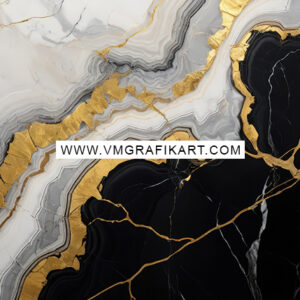A close-up view of a marble surface featuring swirling patterns of black, white, and gray tones, intertwined with bold, metallic gold veins. The contrasting colors and textures create an elegant and luxurious appearance. A watermark with the text www.vmgrafikart.com is centrally placed across the image.