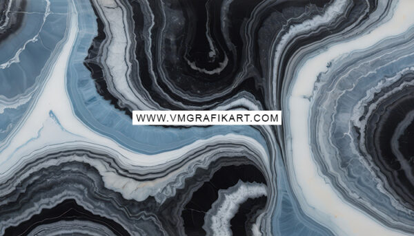 Abstract marble texture featuring swirling patterns in shades of black, gray, and light blue. The composition includes flowing lines that create depth and movement, with a glossy finish. A watermark with the text www.vm Grafikart.com is prominently displayed in the center.