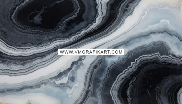 Abstract marble texture featuring swirling patterns in shades of black, gray, and light blue. The composition includes flowing lines that create depth and movement, with a glossy finish. A watermark with the text www.vm Grafikart.com is prominently displayed in the center.